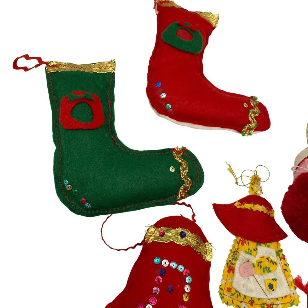 Vintage‎ Christmas handmade ornament lot felt cross stitch metal hand sewn